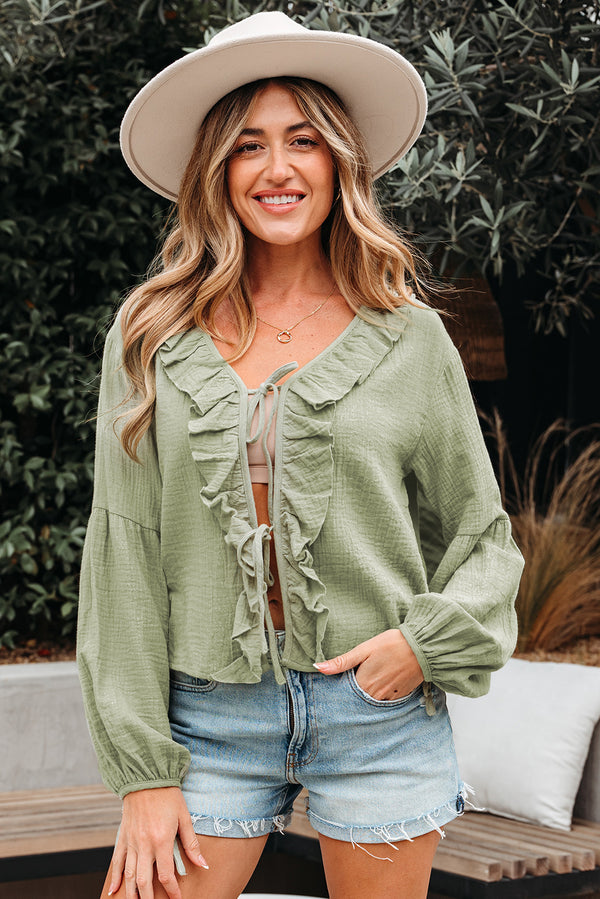 Blouse femme à volants, manches longues, col V — vert