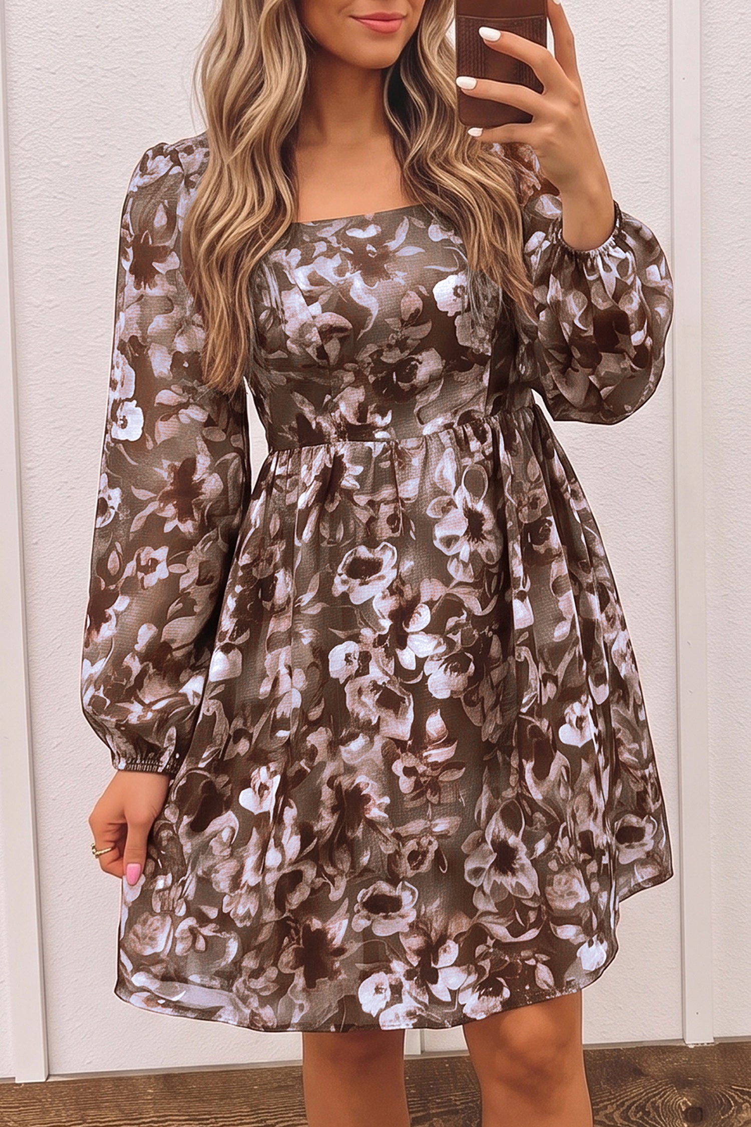 Robe femme floral, manches longues, mini — marron