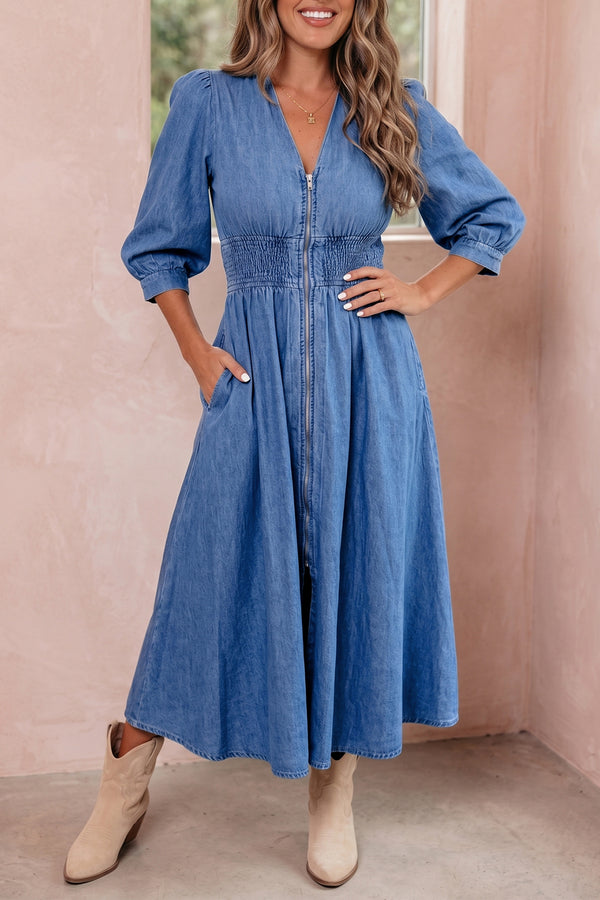 Robe midi femme smocké, zip, col V, denim, midi — bleu