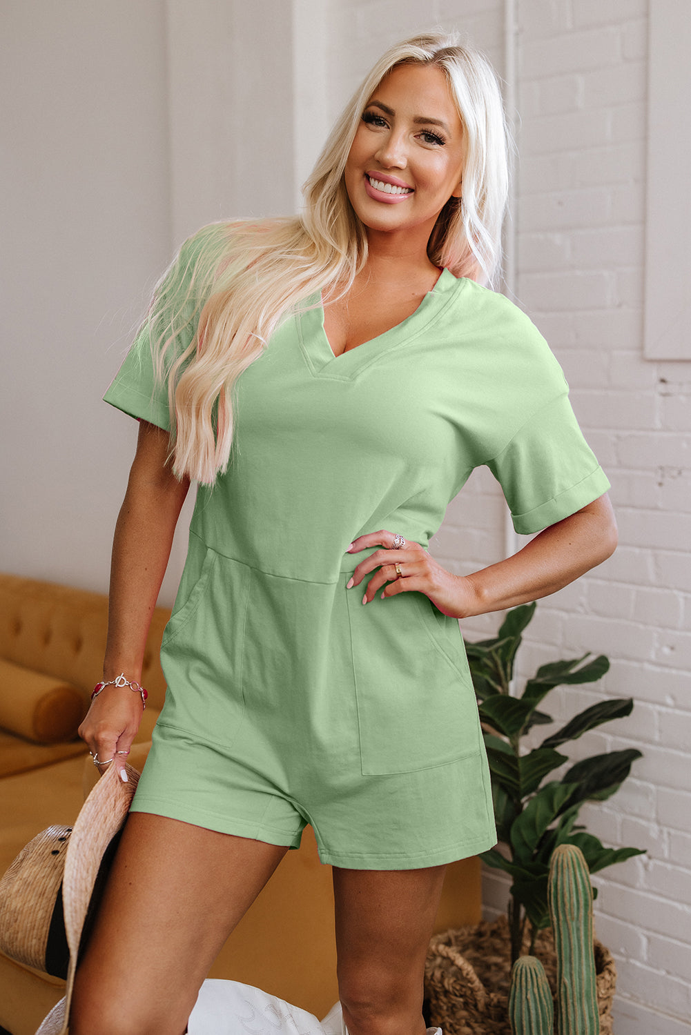 Combinaison femme en maille, manches 3/4, col V, ample — vert