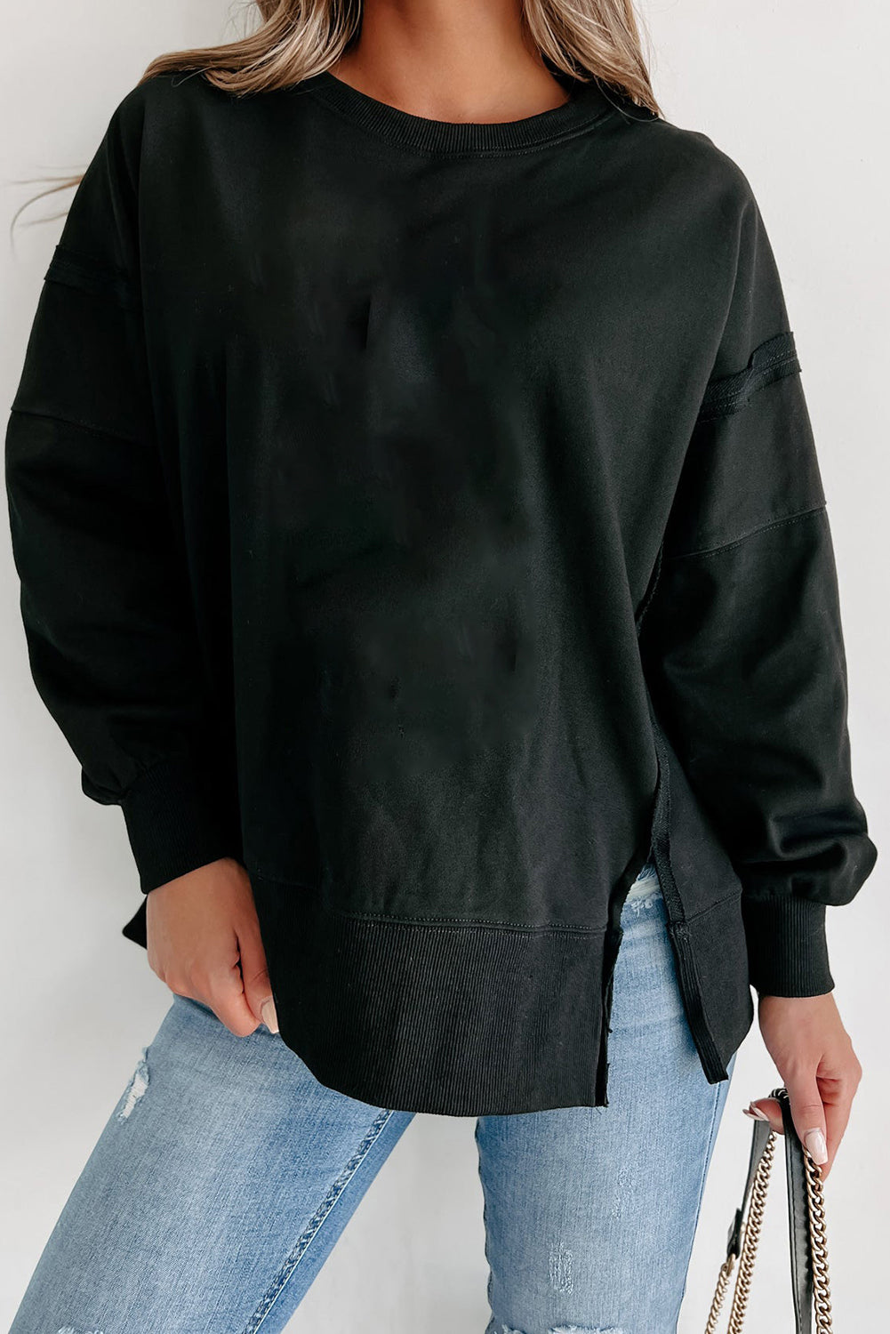 Sweat femme épaules tombantes, col rond — noir