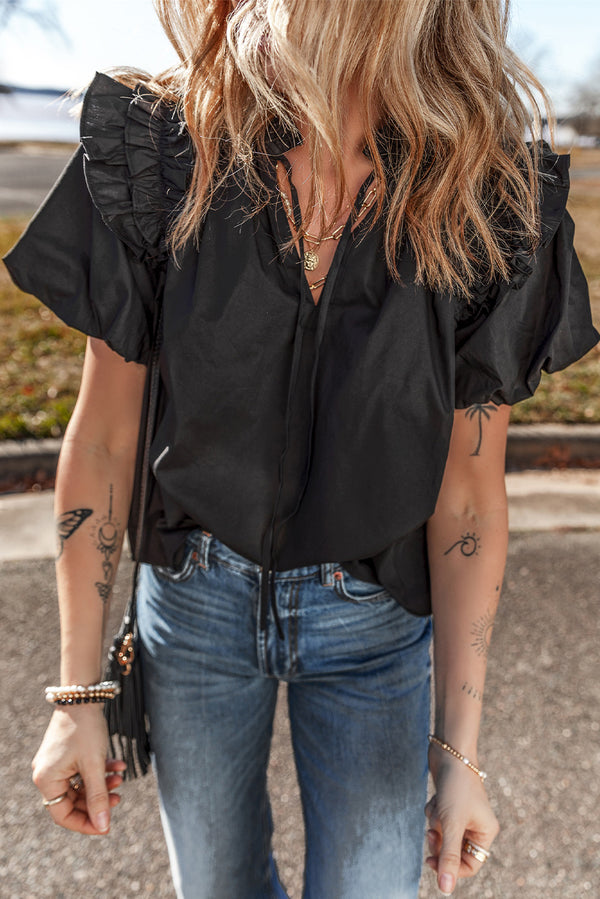 Blouse femme à volants, manches courtes, ample — noir