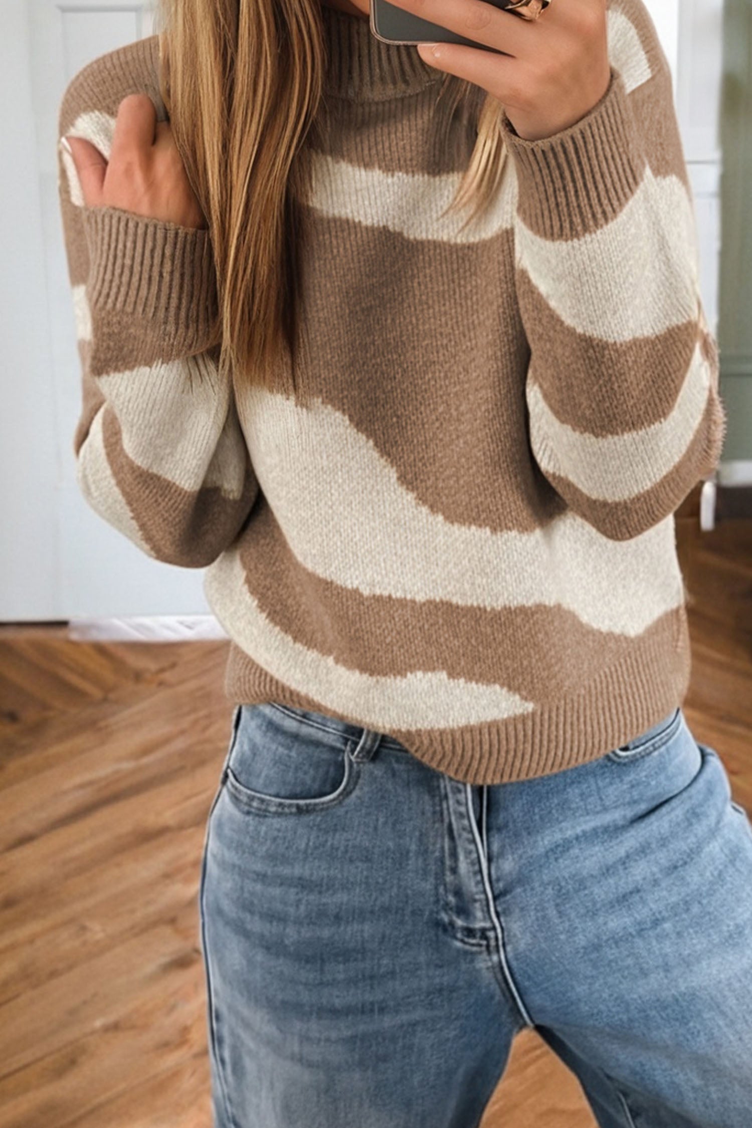 Pull femme col montant, côtelé — kaki