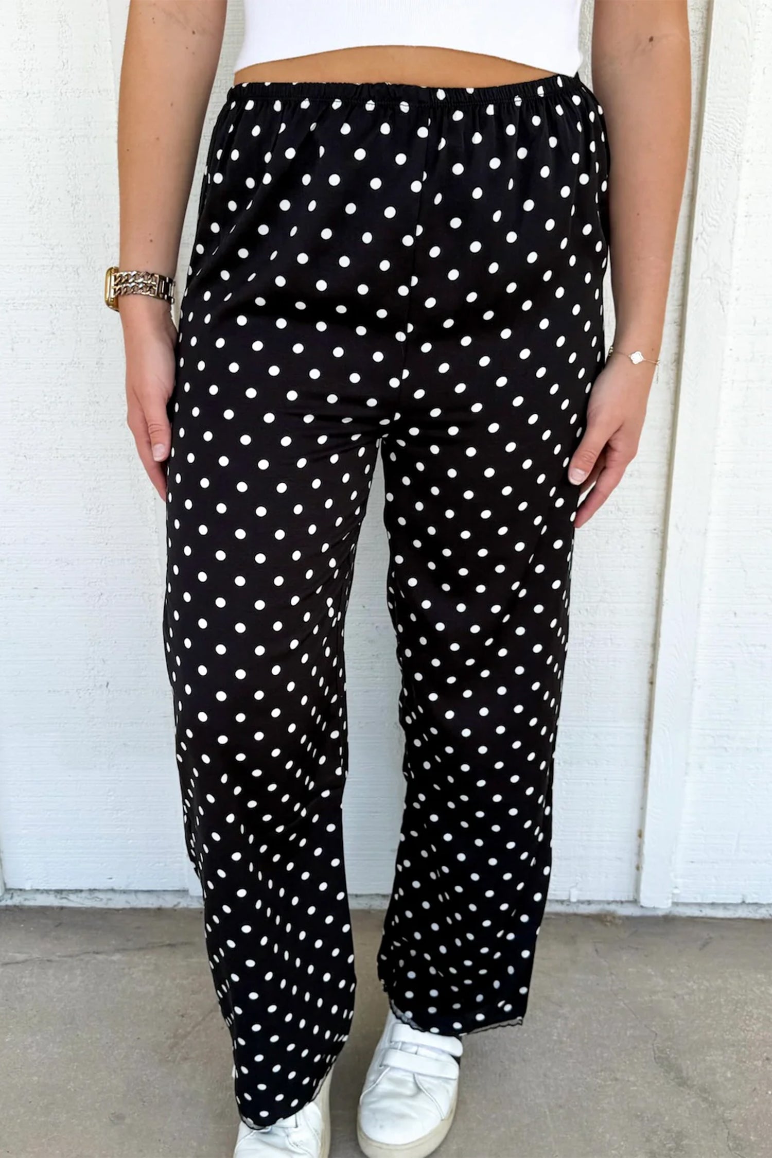 Pantalon femme pois, taille élastique, ample — noir