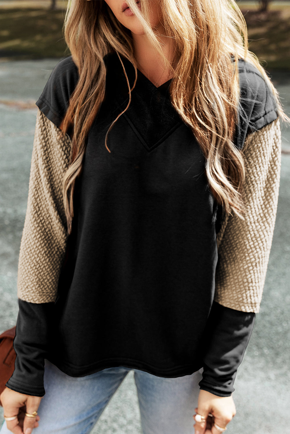 Black Contrast Sleeves Patchwork Colorblock Hoodie femme