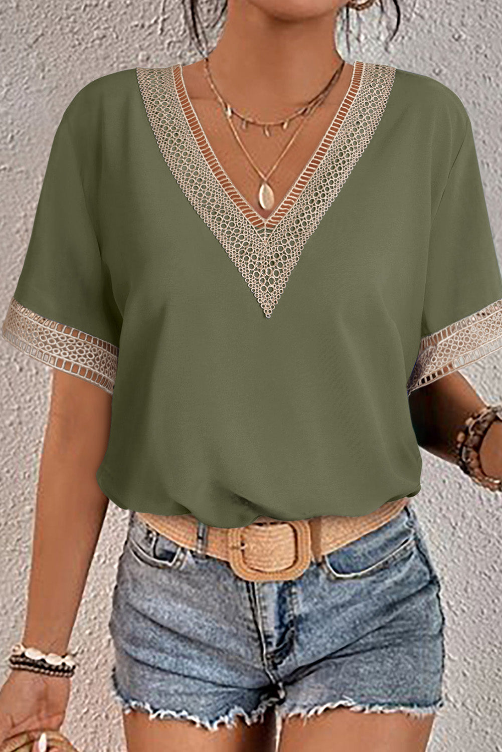 Blouse femme manches courtes, col V — vert