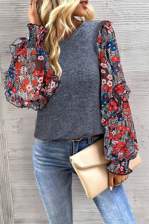 Blouse femme floral, à volants, à étages, col rond — bleu