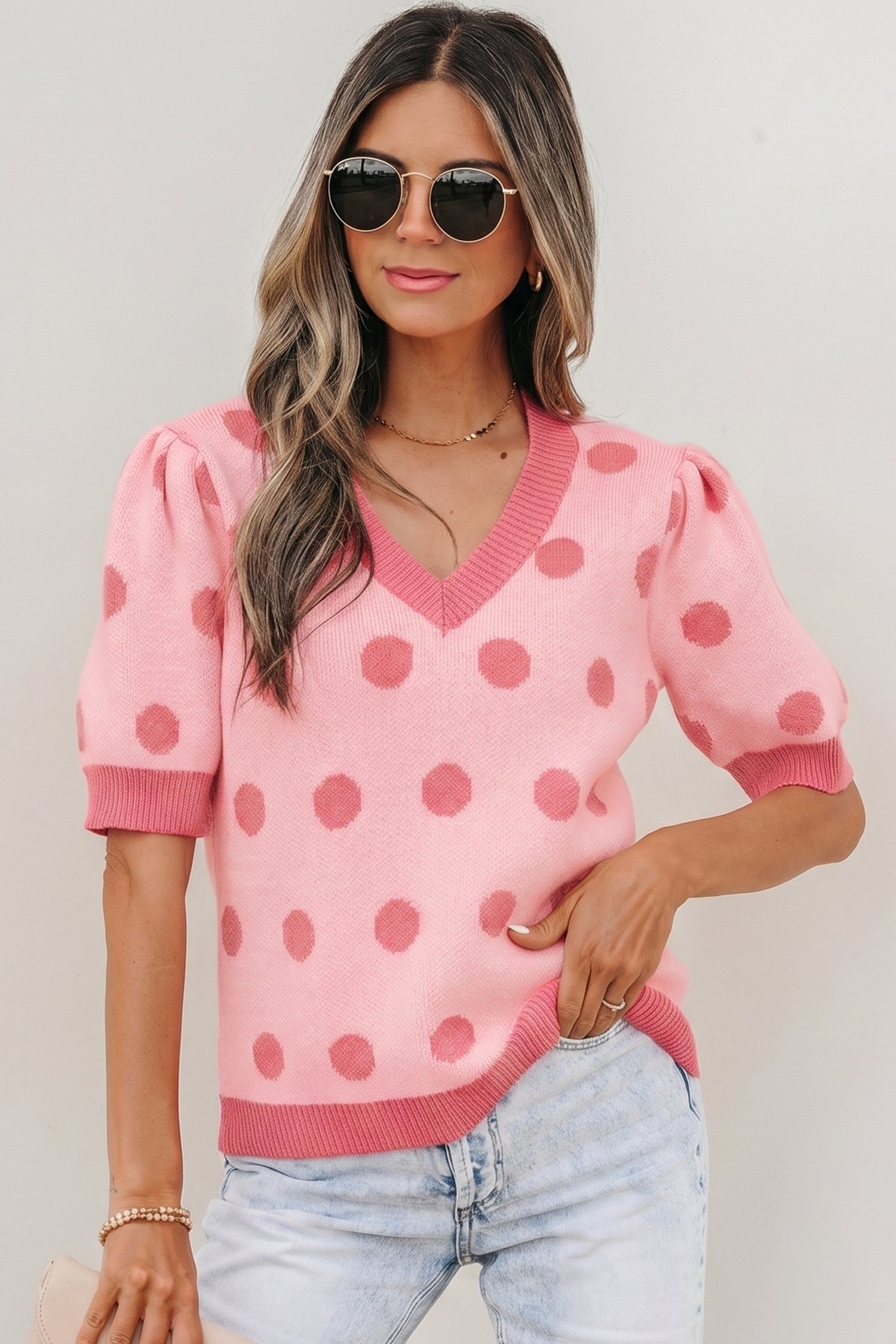 Pull femme pois, manches courtes — rouge rose