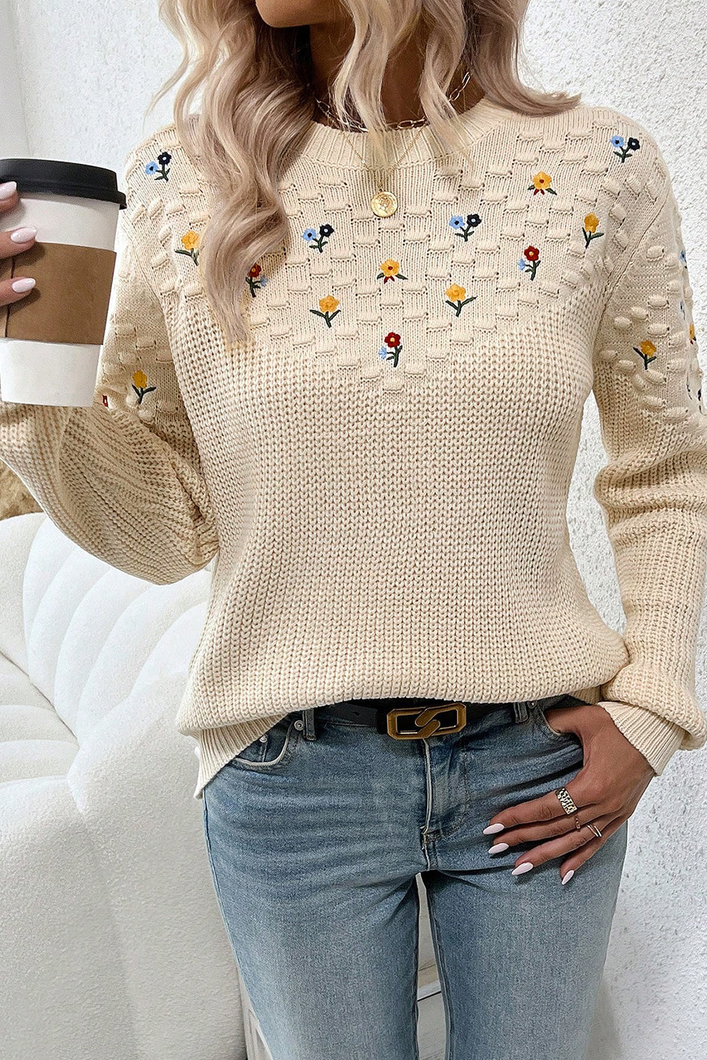Pull femme brodé, en maille, casual
