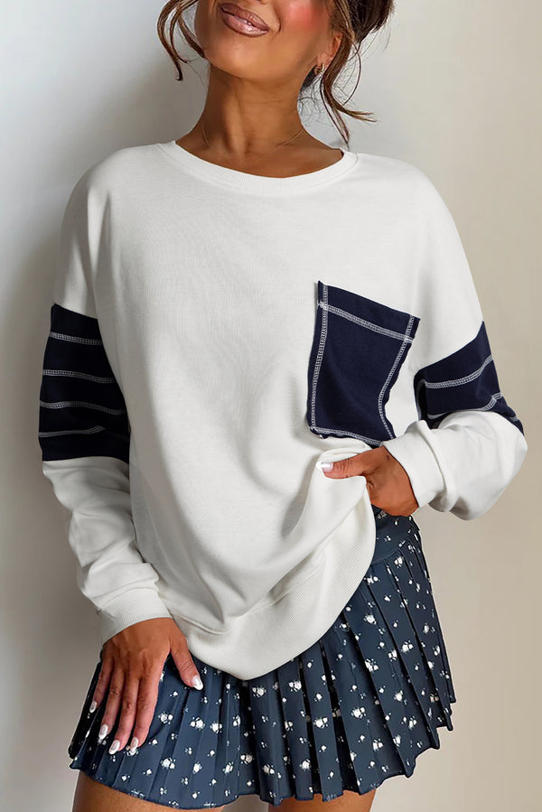 Sweat femme poches, épaules tombantes, colorblock — blanc