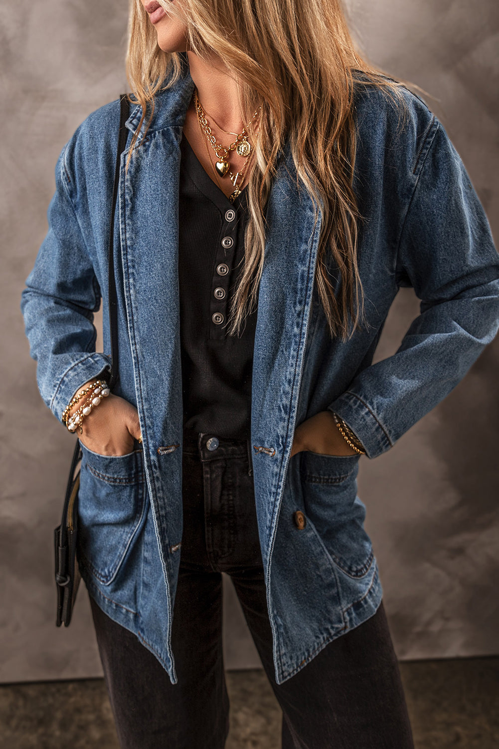 Veste femme poches, denim — bleu