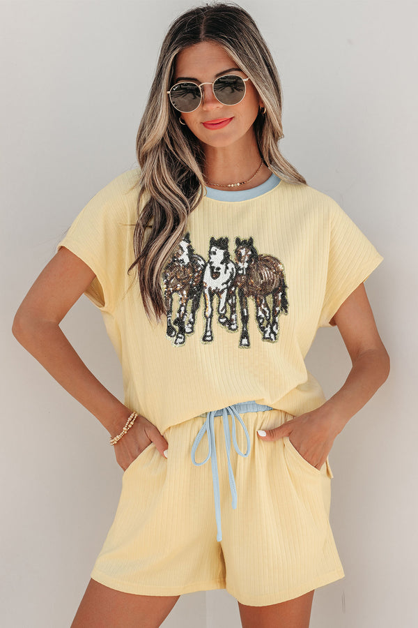 Yellow Cream Ribbed Knit Two Piece Set Sequin Horse Patched Casual Short Set femme