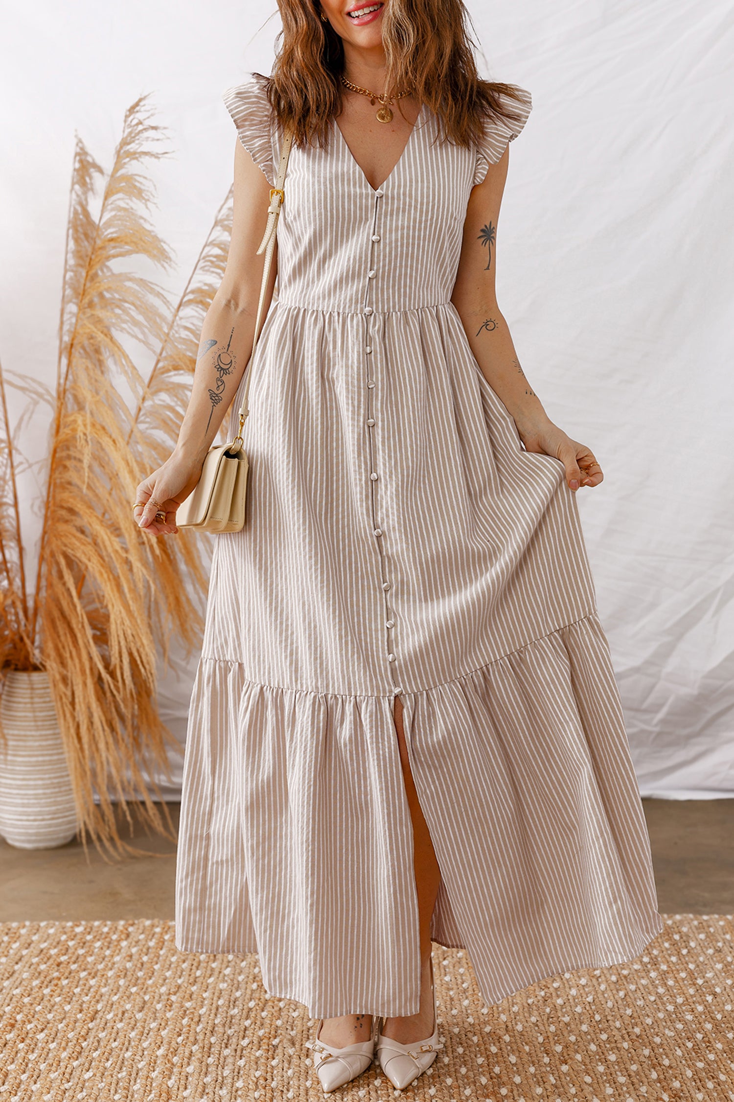 Robe longue femme rayé, boutonnée, maxi — kaki
