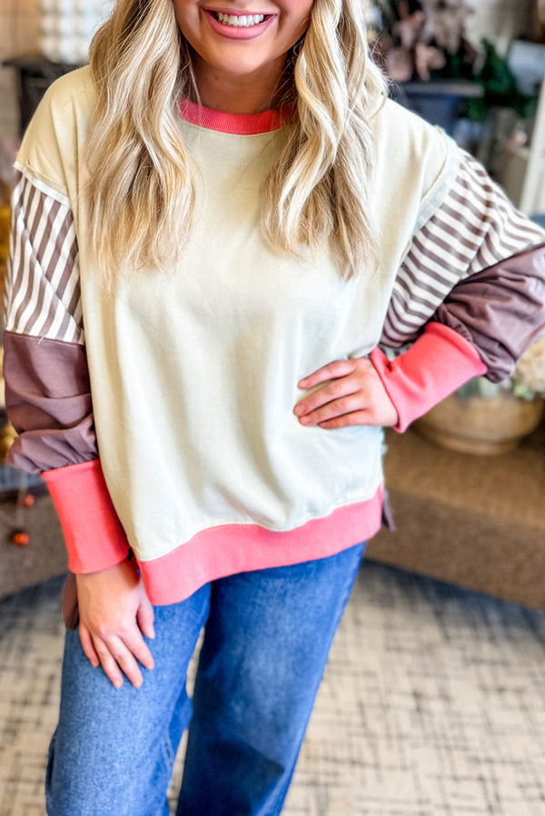 Sweat femme rayé, patchwork, colorblock — blanc