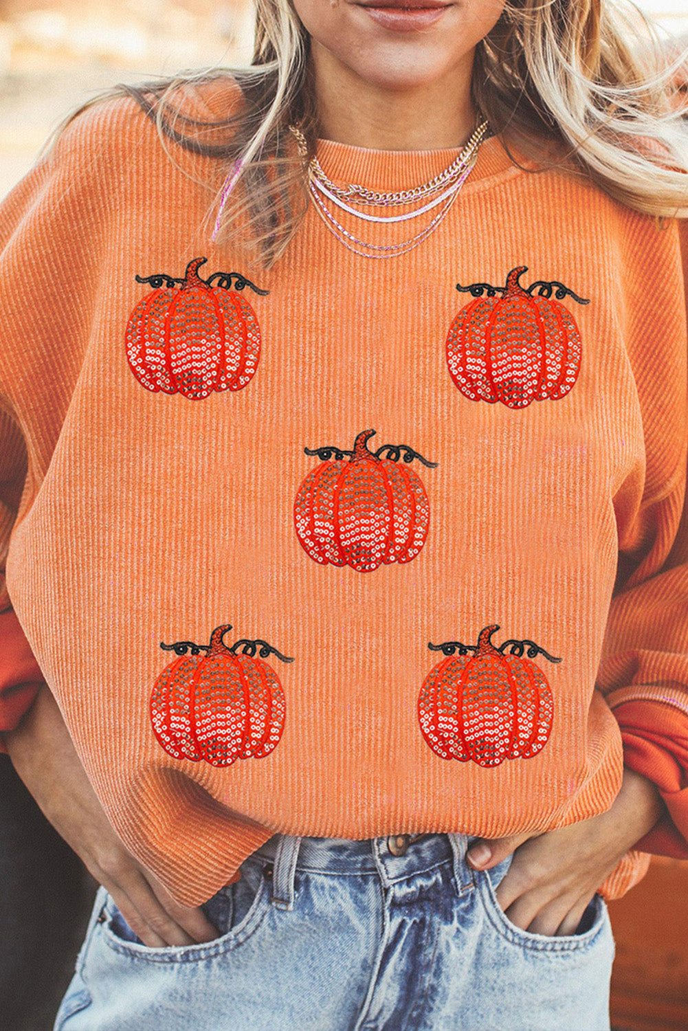 Sweat femme paillettes, côtelé — orange