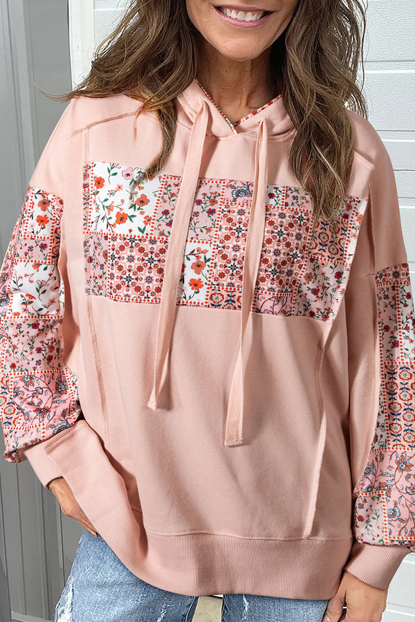 Delicacy Mix Floral Patchwork Side Slit Drawstring Hoodie femme
