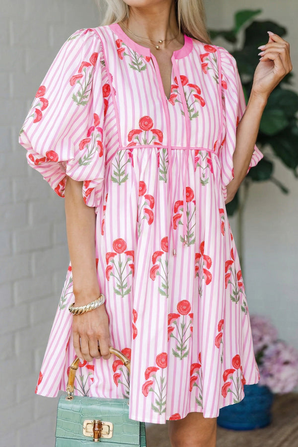 Robe courte femme floral, rayé, manches bouffantes — rose