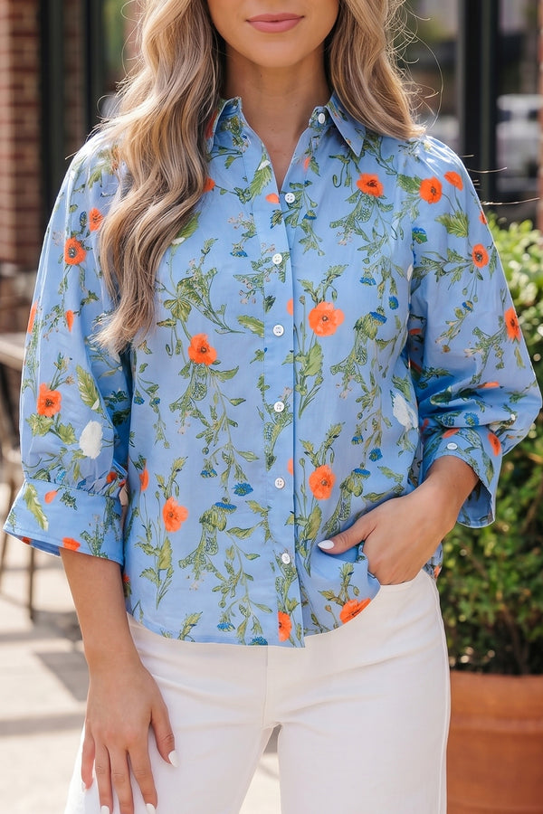 Chemise femme floral, boutonnée, manches bracelet, casual — bleu ciel