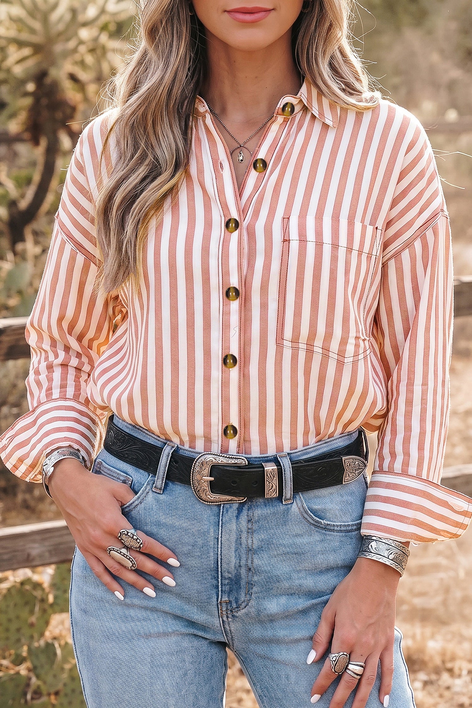 Chemise femme rayé, boutonnée, manches longues, casual — marron