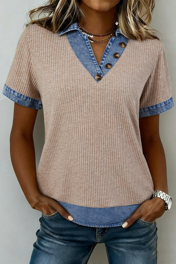 Beige Ribbed Knit Denim Color Block Patchwork Button Detail Collared Blouse femme-P15