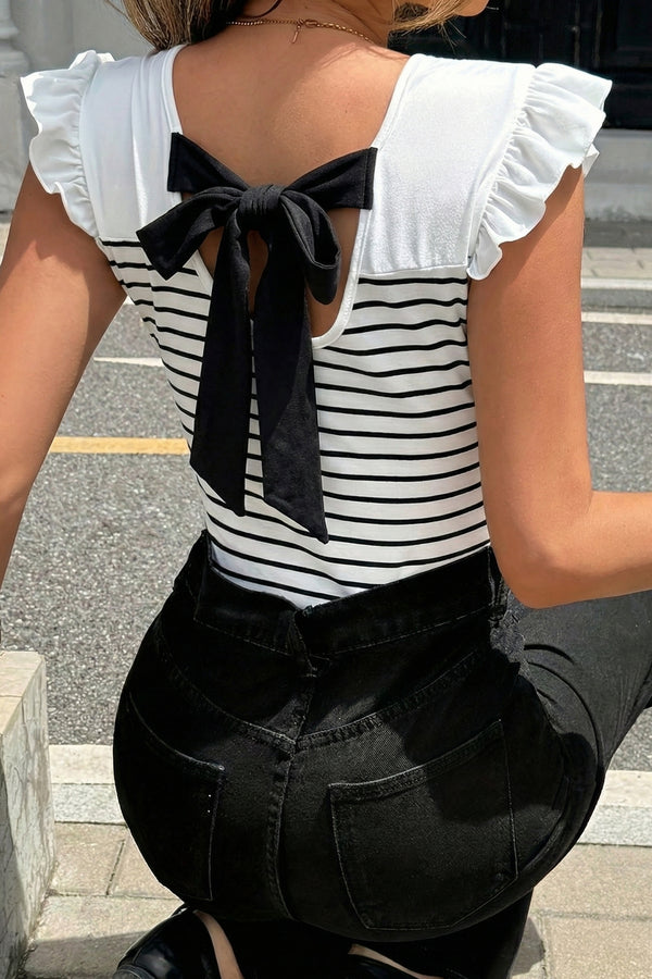 Débardeur femme rayé, à volants — blanc