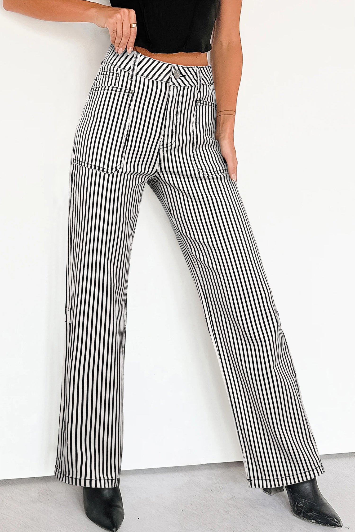 Jean femme rayé, poches, taille haute, denim — noir