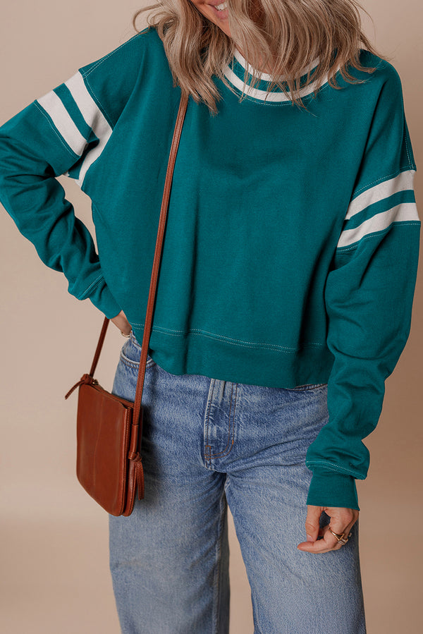 Sweat femme rayé, patchwork, épaules tombantes, col rond — vert
