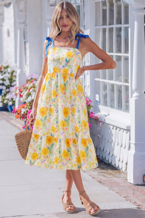 Robe femme floral, bretelles, taille haute — jaune