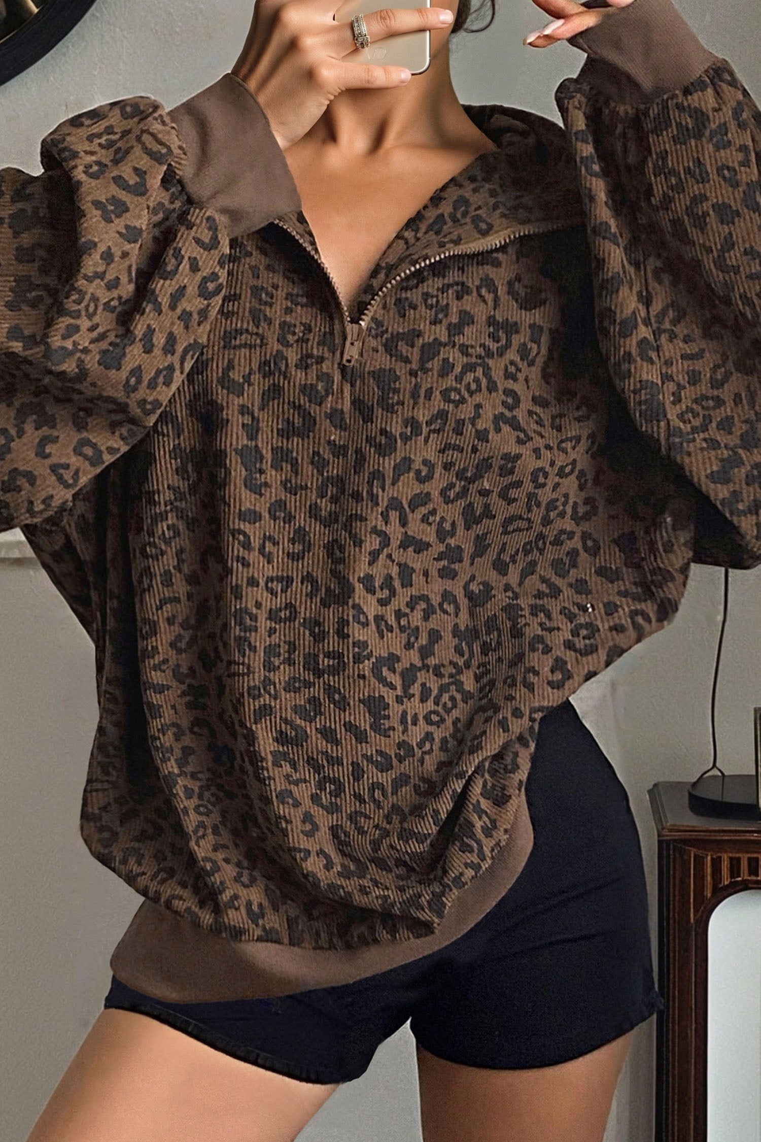 Sweat femme léopard, zip — marron