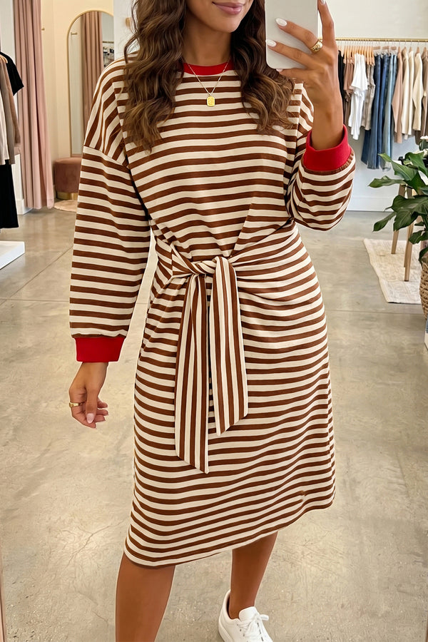 Robe femme rayé, manches longues, col rond, colorblock — marron