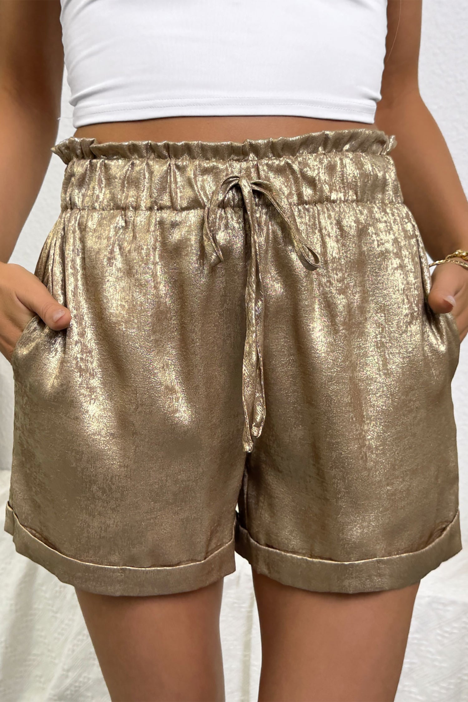Short femme métallisé, taille élastique — doré