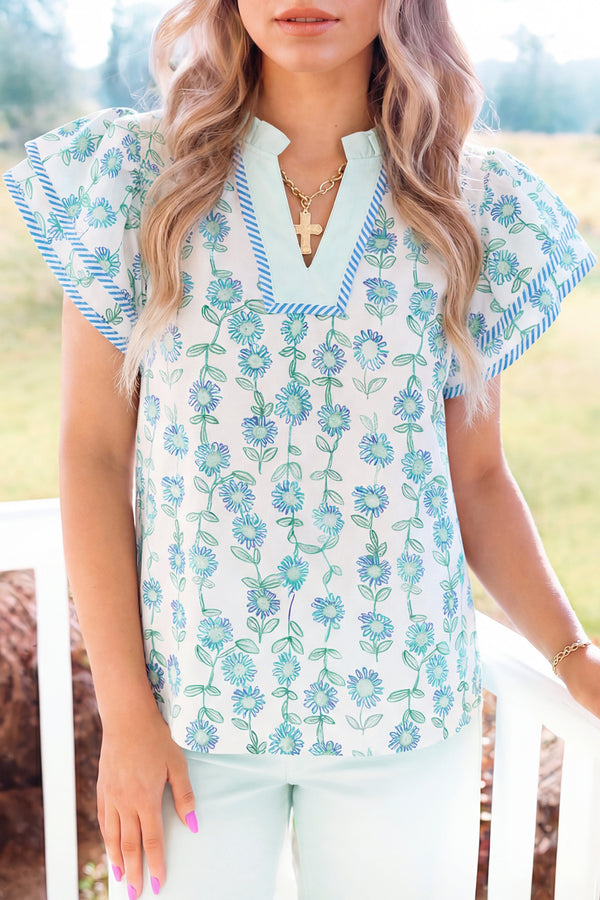 Blouse femme floral, rayé, patchwork, col V — vert