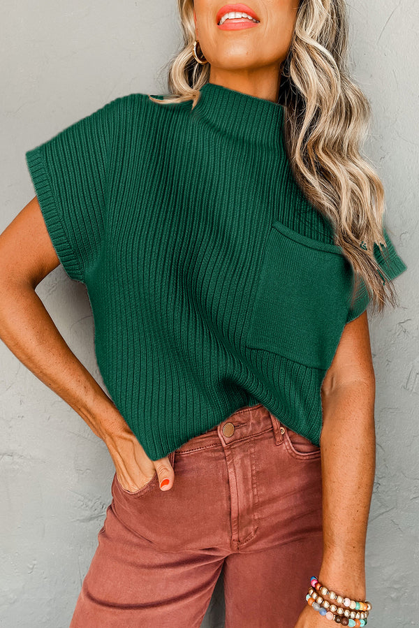 Pull femme en maille, poches, manches courtes — vert
