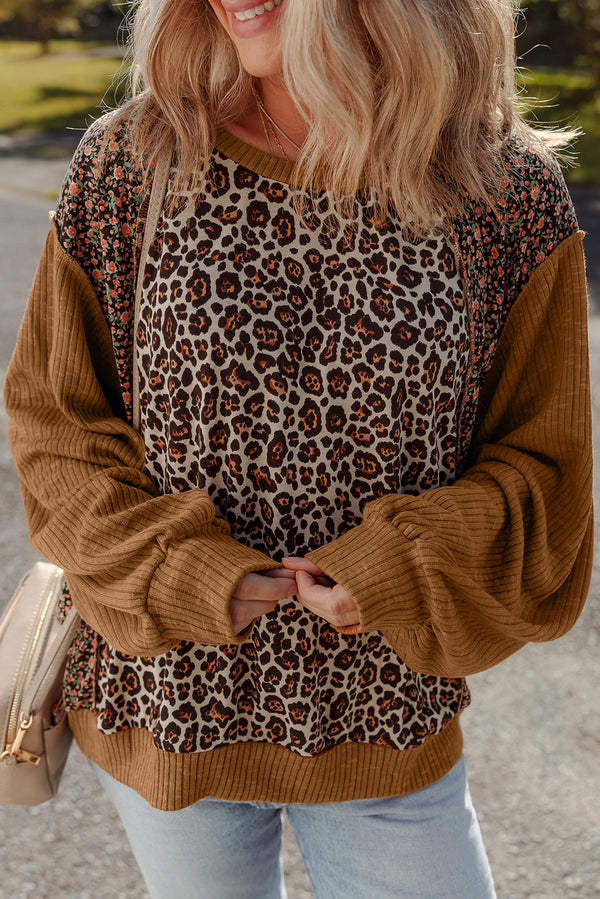 Pull femme léopard, floral, patchwork, manches bouffantes, ample, côtelé — marron