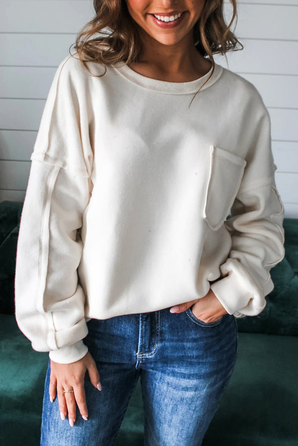 Sweat femme en maille, poches — blanc