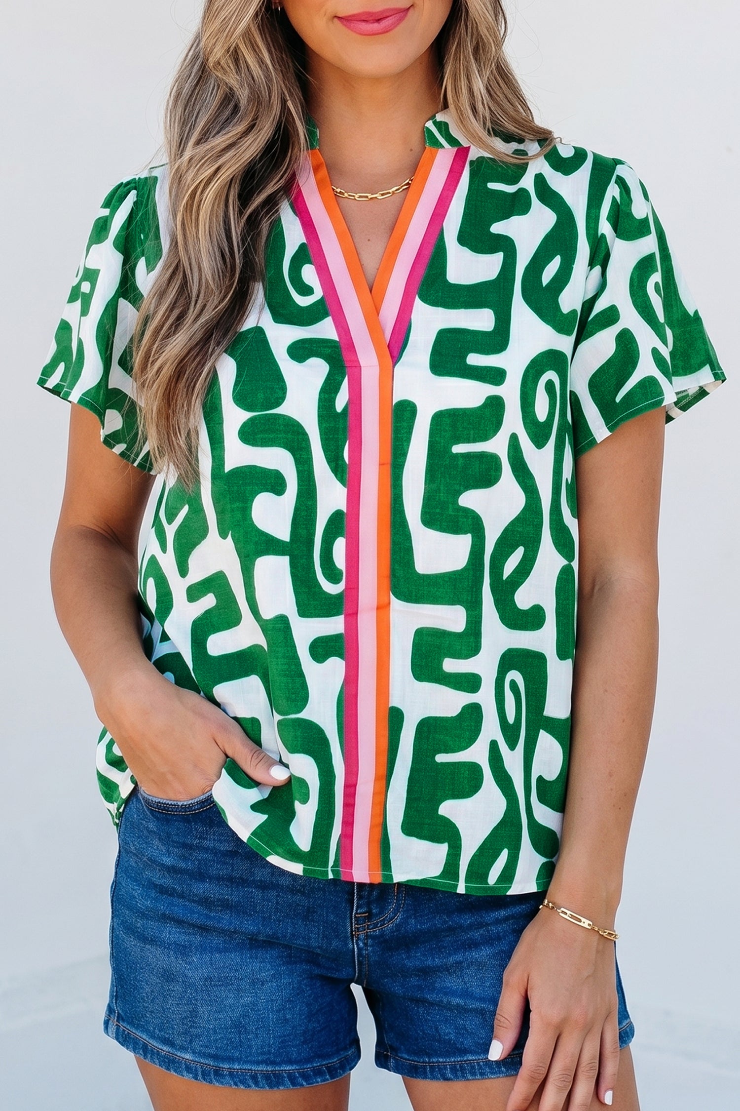 Blouse femme rayé, manches courtes, col V — vert