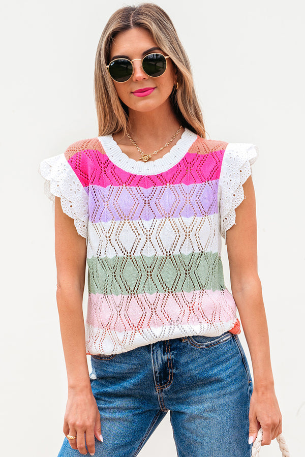 Pull femme rayé, en maille, festonné, colorblock