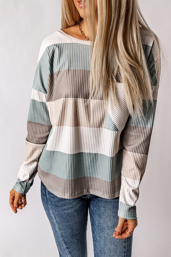 Haut femme poches, manches longues, côtelé, colorblock — vert