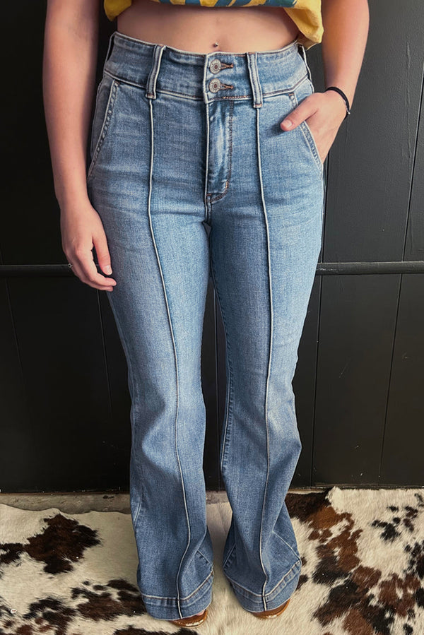 Jean femme boutonnée, taille haute — bleu