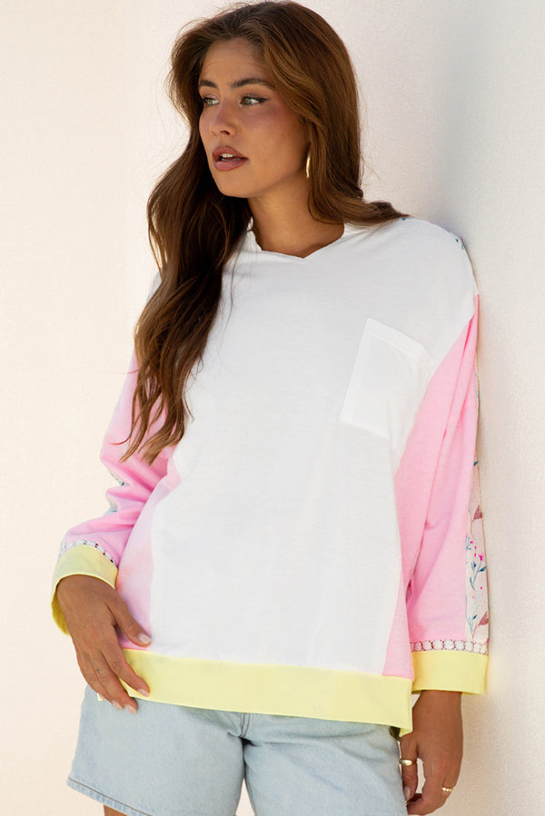 Haut femme floral, patchwork, poches, manches longues, colorblock — blanc · LC25133126-P1 · LC25133126-P1-L