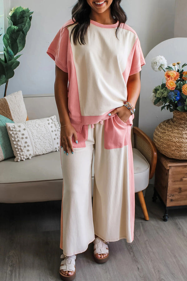 Pantalon femme patchwork, à cordon, ample, colorblock — blanc-P101