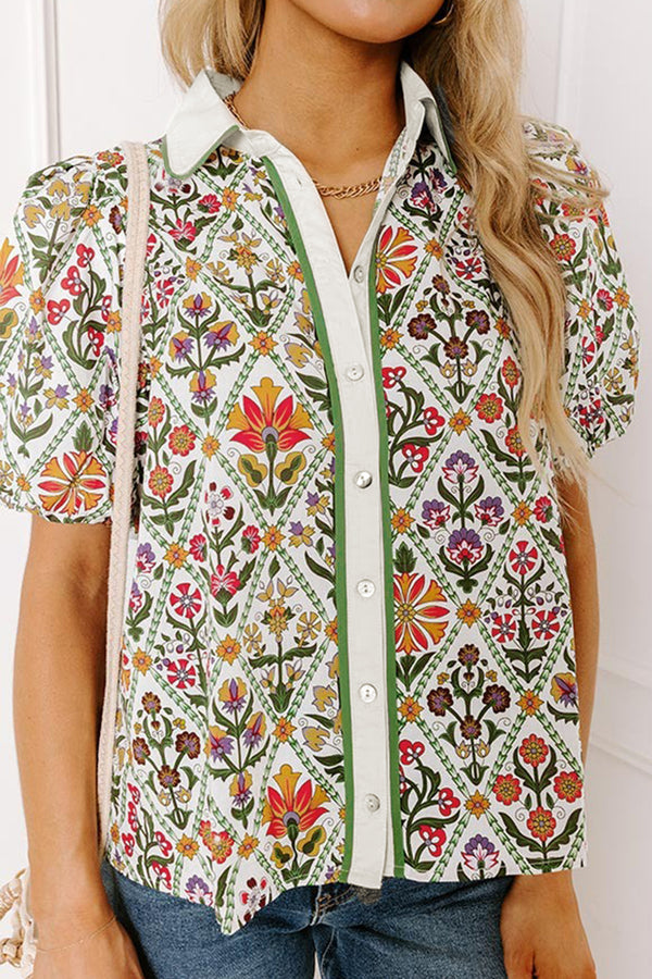 Short femme floral, manches ballon — vert