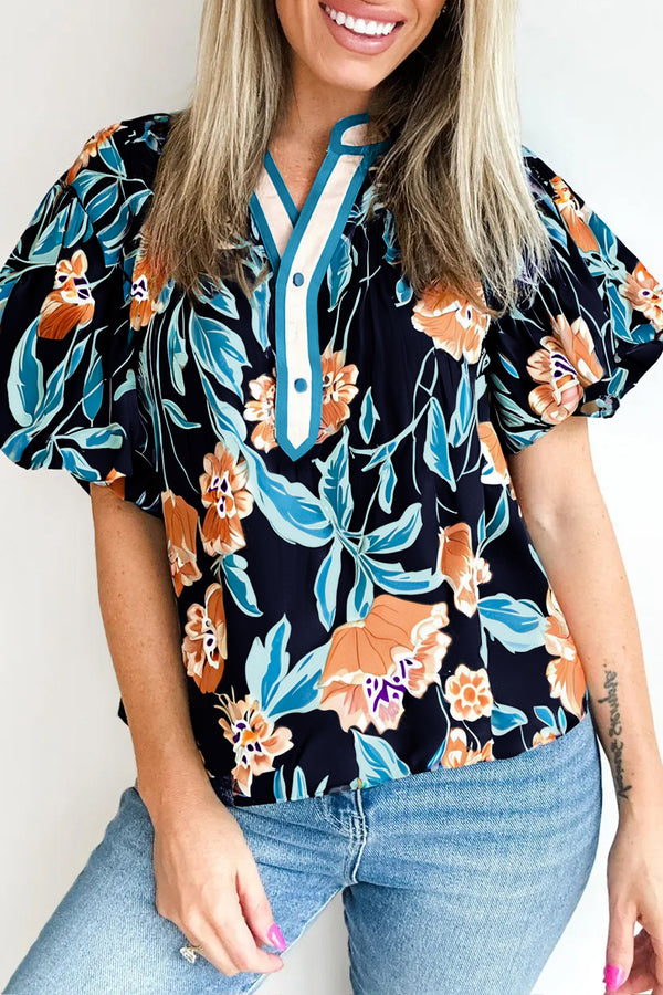 Short femme floral, boutonnée, manches ballon — noir