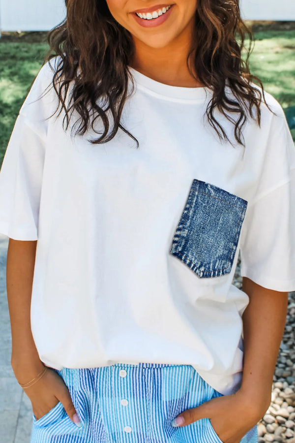 Haut femme poches, manches courtes, casual, colorblock — blanc