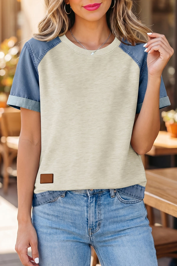 T-shirt femme patchwork, denim, colorblock — beige