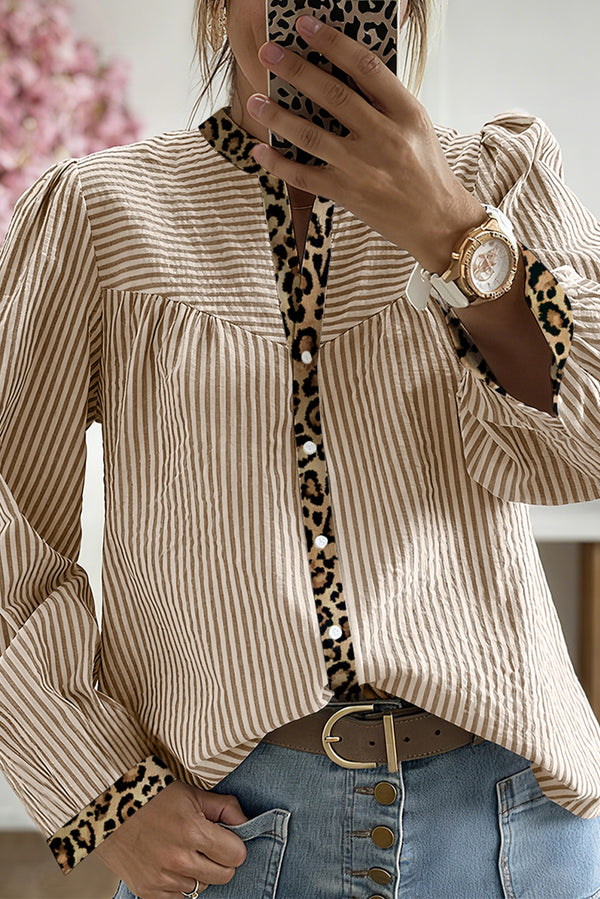 Chemise femme léopard, rayé, patchwork, manches longues — marron