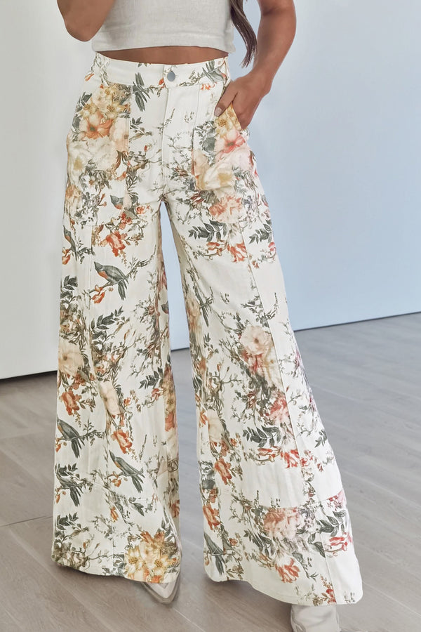 Jean femme floral, taille haute, jambe large, vintage — beige-P1520