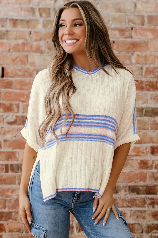 Pull femme rayé, en maille, col V, oversized, côtelé — blanc