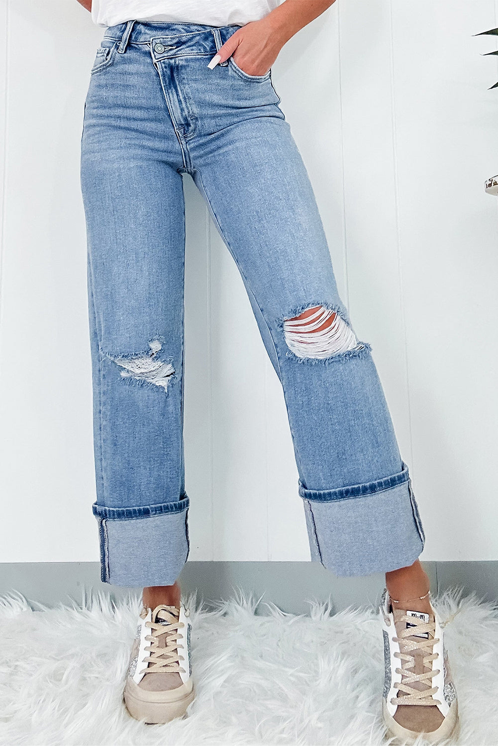 Jean femme boutonnée, zip — bleu