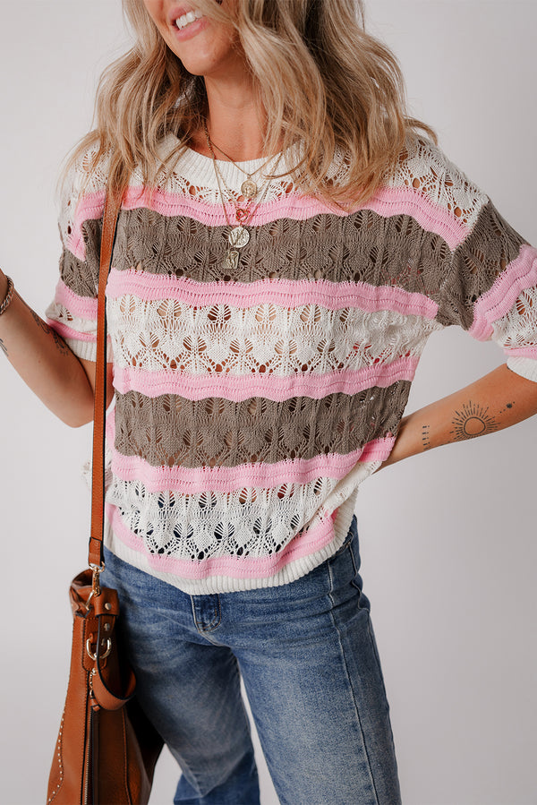 Pull femme rayé, manches 3/4, colorblock — marron-P1719